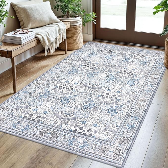 3x5 Modern Rug for Farmhouse, Grey Blue Super Soft Washable Rug with Non-Slip, Low-Pile Indoor Door Area Rug for Living Room Bedroom, Carpet with Non-Shedding