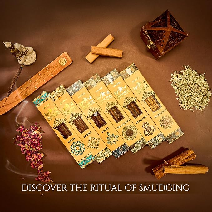 Himalayan Smudge Incense – 6 Fragrant Scents: Palo Santo, Copal, Myrrh, Cinnamon, Opium, Olibanum | 60 Sticks + 6 Dhoop | Masala Blend with Resins, Herbs & Essential Oils | Handcrafted