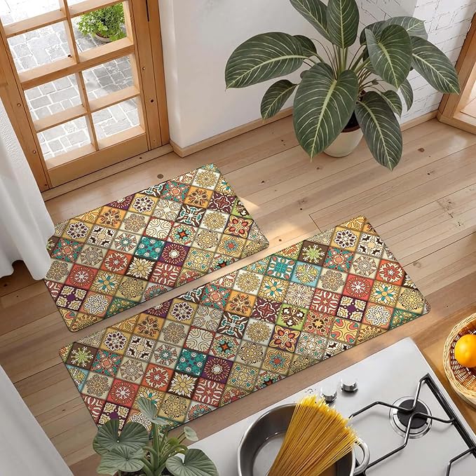 Boho Kitchen Rug Mats for Floor Cushioned Anti Fatigue Mexican Colorful Ceramic Tile Kitchen Rugs Sets of 2 Non Slip Waterproof Comfort Memory Foam Standing Floor Mat for Laundry Sink Desk