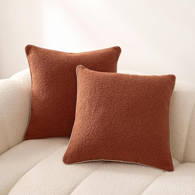 Amazon Basics Boucle Throw Pillow Covers for Couch, Living Room, Home Decor with Hidden Zipper, Brown, 22×22in, Pack of 2
