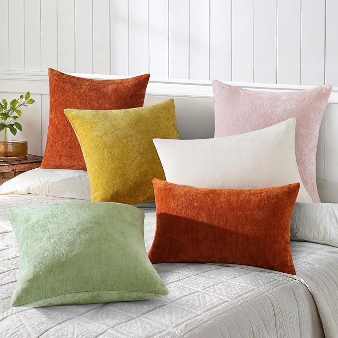 decorUhome Chenille Blush Pink Christmas Throw Pillow Covers 20x20 Inch Set of 2, Decorative Soft Couch Pillow Covers Solid Dyed Accent Farmhouse Neutral Square Pillow Cases for Sofa