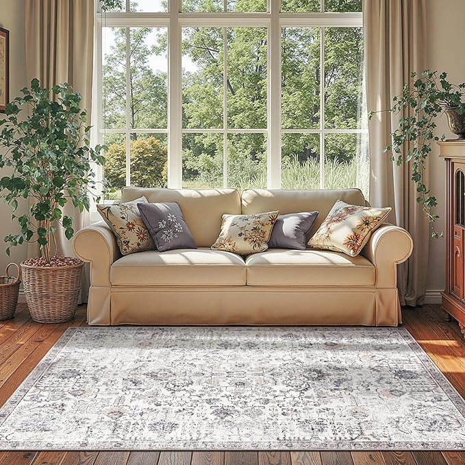 jinchan Kalen Area Rug 4x6 Washable Bedroom Rug Vintage Indoor Thin Floor Cover Retro Accent Mat Distressed Gray Floral Country Boho Non Slip Carpet for Living Room Kitchen Dining Room Office Grey