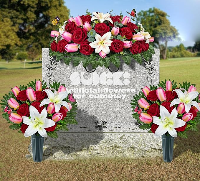 Artificial Cemetery Flowers – Realistic Silk Flower Outdoor Grave Decorations,Headstone Flower Saddle, Non-Bleed Colors, and Easy Fit - Pink Tulip,White Lily and Red Rose