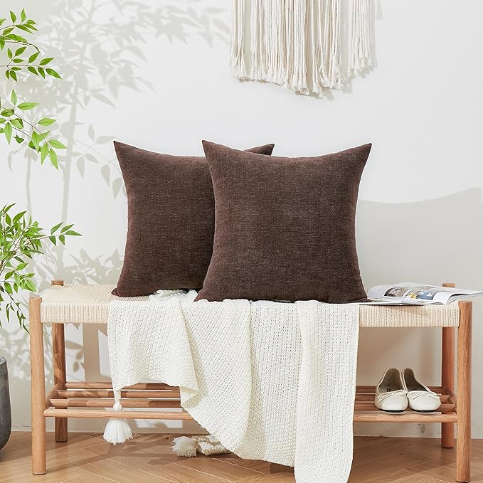 GAWAMAY Decorative Square Throw Pillow Covers 18x18 Inch Set of 2, Super Soft Chenille Pillows Cover Fall Pillowcase for Living Room Bedroom Sofa Couch Cushion Cover Coffee 45x45cm (No Inserts)