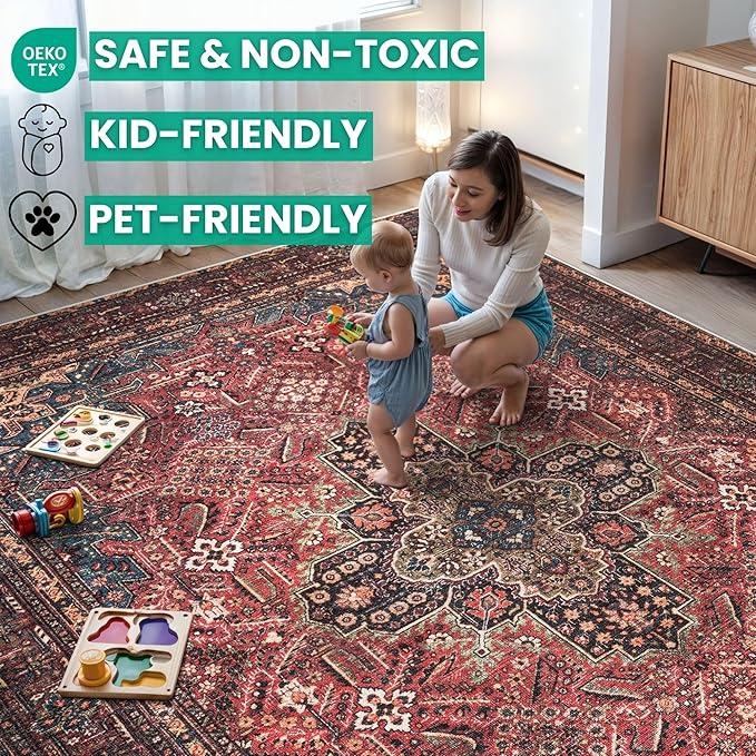 Bloom Rugs Washable Non-Slip 12 ft Runner - Red/Teal Blue/Yellow Traditional Medallion Runner for Entryway, Hallway, Bathroom, and Kitchen - Exact Size: 2.5' x 12'