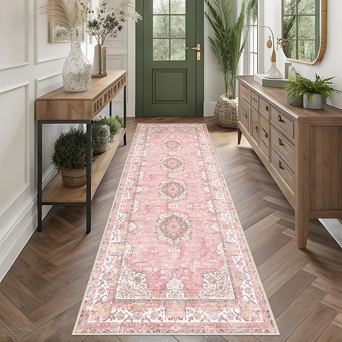 Washable Runner Rug 2'x8',Pink Rug Runners Non Slip,Long Boho Rugs for Hallways Kitchen Bathroom Bedroom Entryway,Vintage Bohemian Distressed Floor Carpet,Blush Floral Flowers