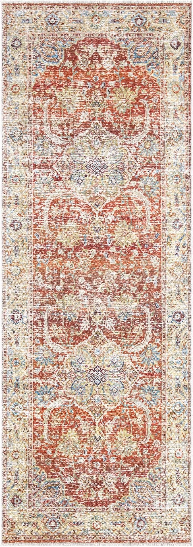 Bloom Rugs Caria Washable Non-Slip 7 ft Runner - Orange/Olive Beige Traditional Runner for Entryway, Hallway, Bathroom, and Kitchen - Exact Size: 2'6" x 7'