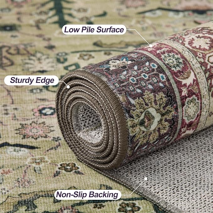 Tangsoo 2x6 Washable Runner Rug for Hallways, Non Slip Vintage Boho Purple Floral Rug for Entryway Kitchen Laundry, Non Slip Soft Low Pile Indoor Rug for Bedroom Bathroom Beside