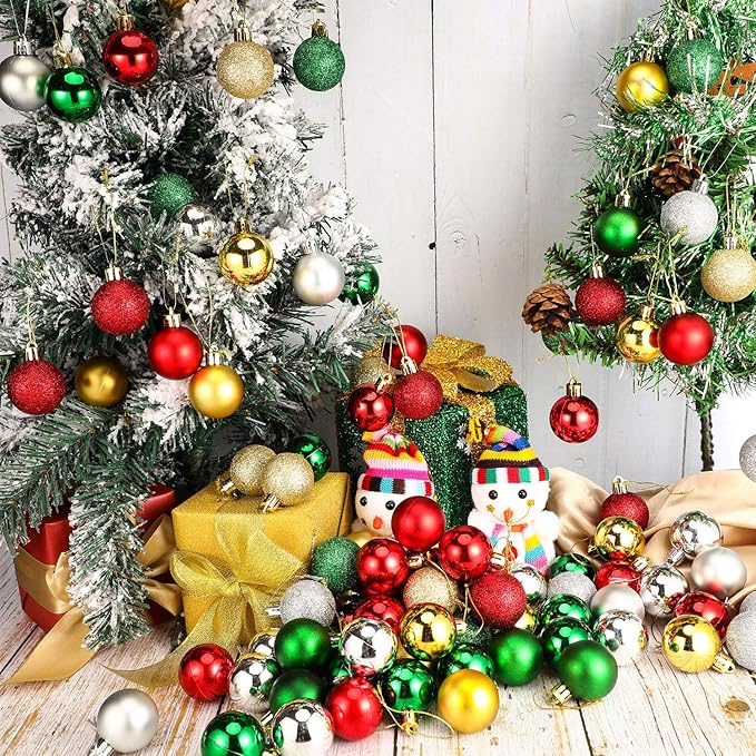 Boao 96 Pcs Christmas Mini Balls Ornaments Miniature Xmas Tree Ornaments Multicolour Shiny Small Hanging Decorations for Christmas Holiday Party Decor(1.57 Inch,Red, Gold, Silver, Green Balls)