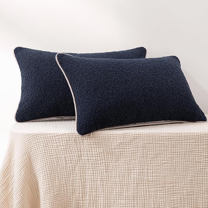 Amazon Basics Boucle Lumbar Throw Pillow Covers for Couch, Living Room, Home Decor with Hidden Zipper, Blue, 12×20in, Pack of 2