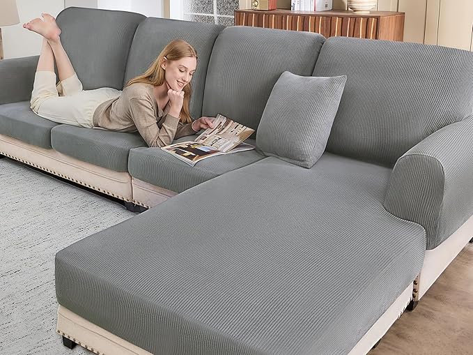 Sectional Couch Covers for Sofa Cushion L Shaped Couch Cover Washable Soft Couch Cushion Covers Stretch Sofa Slipcovers with 2 Pcs Pillowcases(3-Piece 2 Seater + 1 Chaise, Light Grey)
