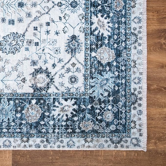 Bloom Rugs Caria Washable Non-Slip 6x9 Rug - Navy Blue Traditional Bordered Area Rug for Living Room, Bedroom, Dining Room, and Kitchen - Exact Size: 6' x 9'