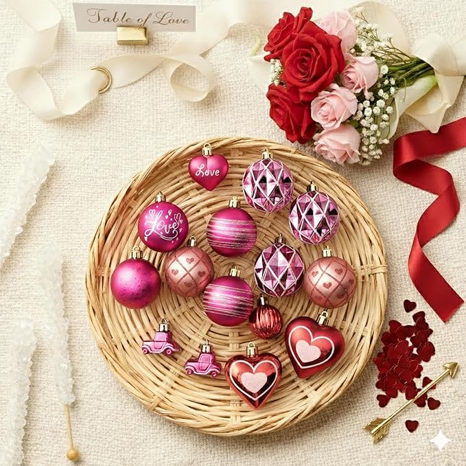 DecorbyHannah Valentines Day Christmas Tree Ornaments Decorations, 21ct Pink Red Heart Shaped Ornaments Set for Tree, Valentine's Day Small Shatterproof Hanging Ball for Wedding Anniversary Party