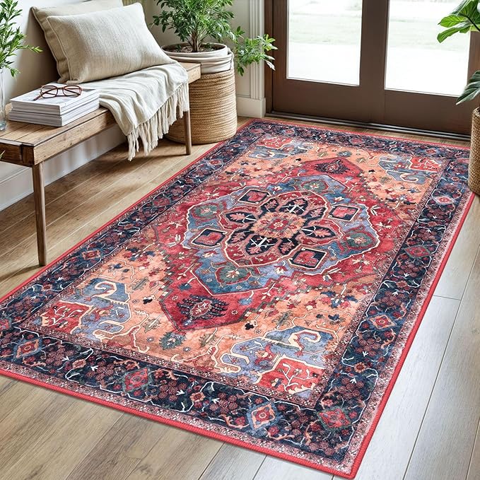 3x5 Washable Area Rug for Entryway, Red Soft Boho Rug with Non-Slip, Low-Pile Vintage Floor Area Rugs for Living Room Bedroom Dining, Dorm Carpet with Non-Shedding