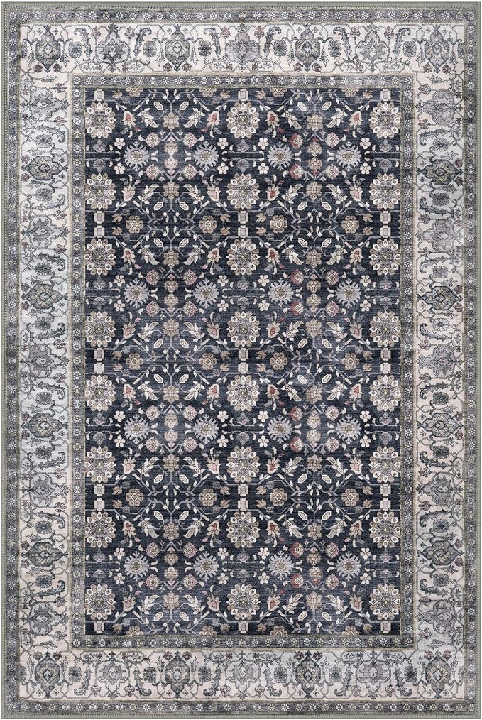 KUTA Vintage 8x10 Area Rugs for Living Room, Washable Large Rug for Bedroom 8ft x 10ft Non-Slip, Grey Black Beige Ultra Thin Soft Printed Traditional Floral Distressed Dining Room Low-Pile Carpet