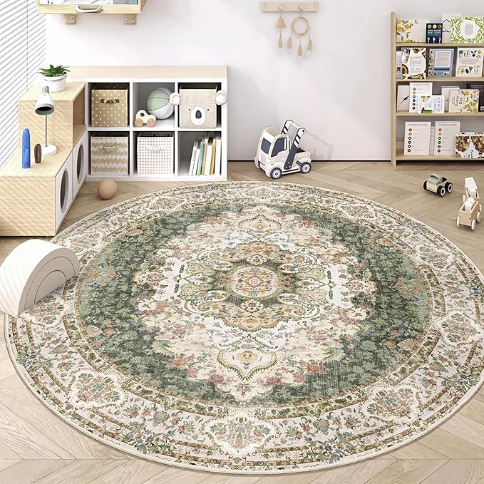 Green Round Rug 9ft,Large Circle Area Rugs for Bedroom Living Room Dining Room,Washable Boho Vintage Bohemian Distressed Oriental Carpet Non Slip,Sage Floral