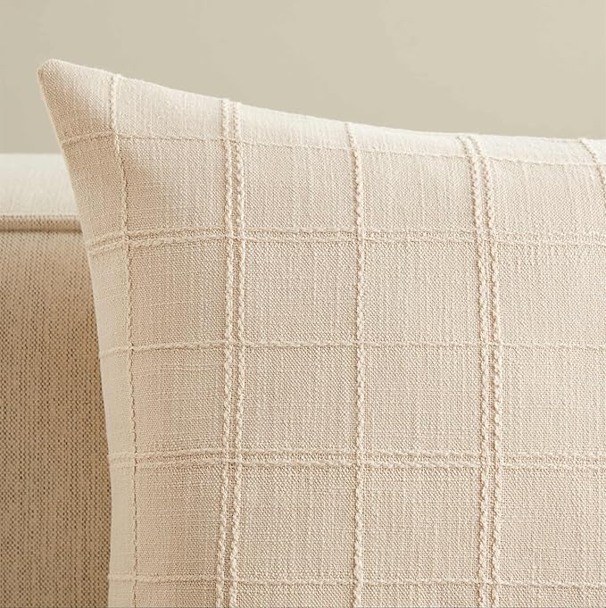 ZeeMart Linen Checked Throw Pillow Covers Set of 2, 16x16 Inch Beige/Cream, Farmhouse Decorative Single Sided Grid Embroidered Couch Pillow Cases Neutral Cotton Linen Cushion Covers