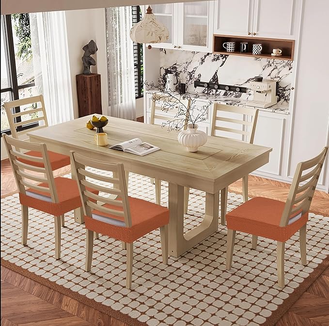 Smiry Waterproof Seat Covers for Dining Room Chairs Set of 6, Stretch Jacquard Removable Washable Chair Seat Slipcovers Protector, No Rear Covers, Rust