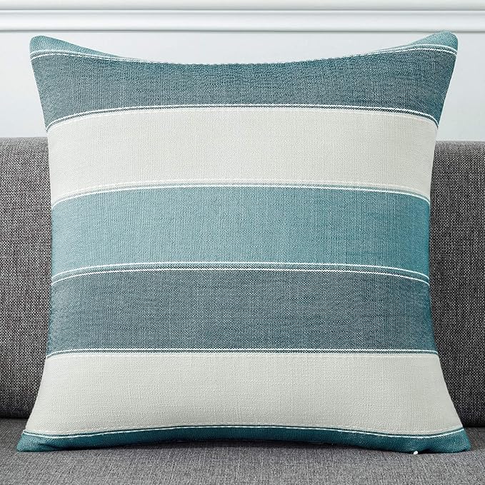 AmHoo Pack of 2 Farmhouse Stripe Check Throw Pillow Covers Set Case Cotton Linen Decorative Pillowcases Cushion Cover for Couch Bench Sofa 18x18Inch Teal Blue