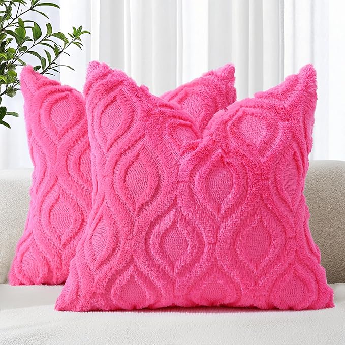 decorUhome Throw Pillow Covers 26x26 Inch Set of 2, Soft Plush Faux Wool Hot Pink Solid Couch Pillow Covers, Accent Farmhouse Neutral Square Pillow Cases for Sofa Bed Living Room