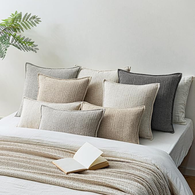a moment Linen Pillow Covers Set of 2,Boho Farmhouse Throw Pillowcases Neutral Textured Decorative Covers for Couch Sofa,Soft Linen Blend Accent Case Cushion Living Room Home Decor 20"x20"Rustic Gray