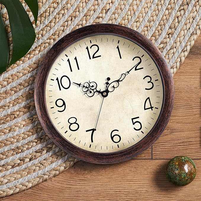 Wall Clock 12 Inch Vintage Wall Clocks Battery Operated Quartz Silent Non-Ticking Retro Rustic Style Clock Decorative for Living Room, Home Office, Kitchen,Bedroom (Bronze)