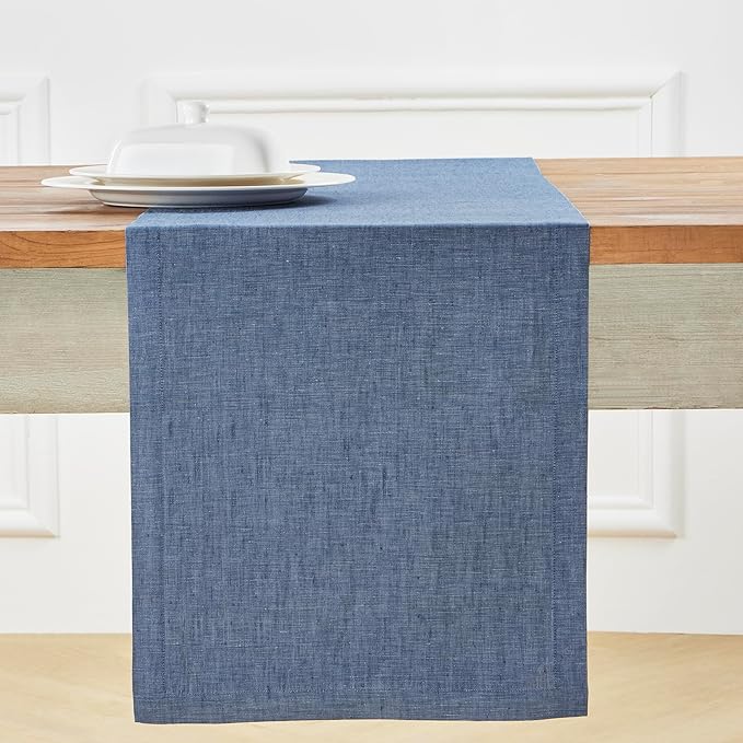 Solino Home Linen Table Runner 48 Inches - 100% Pure Linen Blue Denim Table Runner 14 x 48 Inch Ideal for Dresser and Coffee Tables - Athena, Winter, Spring, Easter