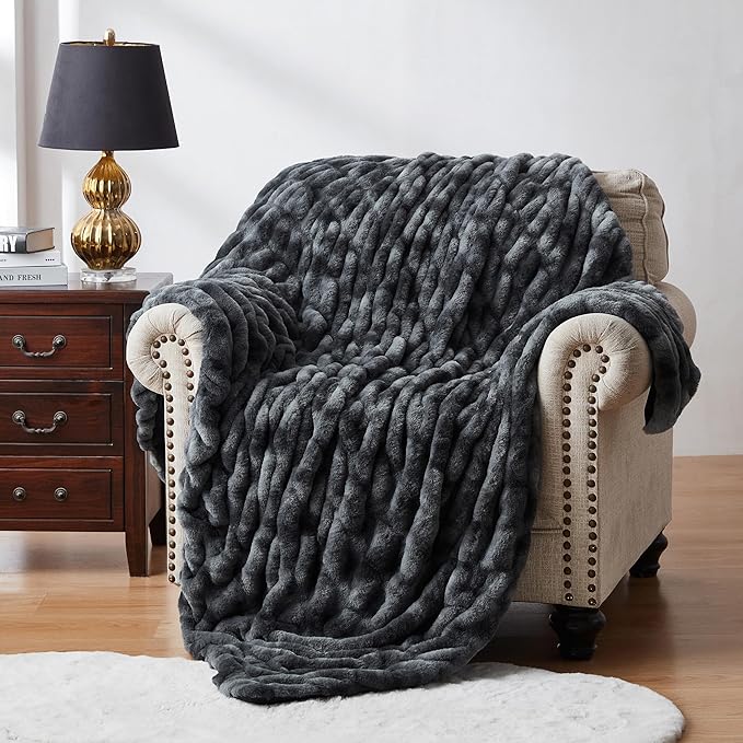 WDCOZY Ruched Faux Fur Throw Blanket Soft Cozy Fluffy Luxurious Blankets Couch Bed Sofa Chair Home Decor Warm Furry Fall Winter Plush Rabbit Fur Bubble Blanket 50" x 60", Dark Grey