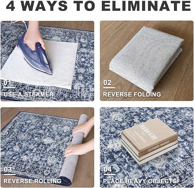 KILOCOCO Area Rug 9x12 Living Room Rug Washable Printed Vintage Floral Non Slip Soft Rubber Backed Indoor Bedroom Rugs for Laundry Room Kitchen Playroom Moroccan Area Rugs, Blue