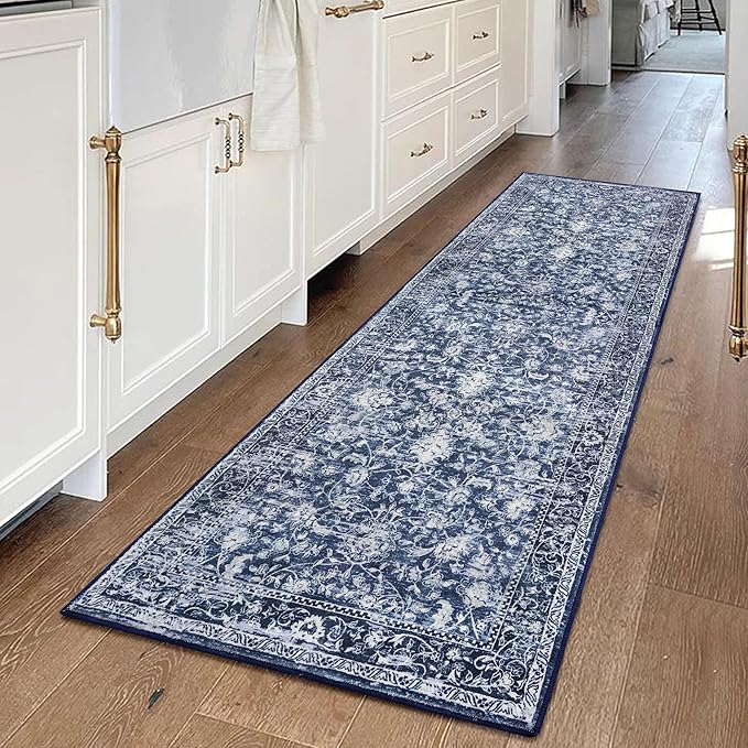 KILOCOCO Hallway Runner 2x6 Rug Runner Printed Vintage Floral Washable Kitchen Runners Non-Slip Rubber Backed Runners for Hallways Laundry Room Distressed Boho Rugs for Entryway Bedroom, Blue