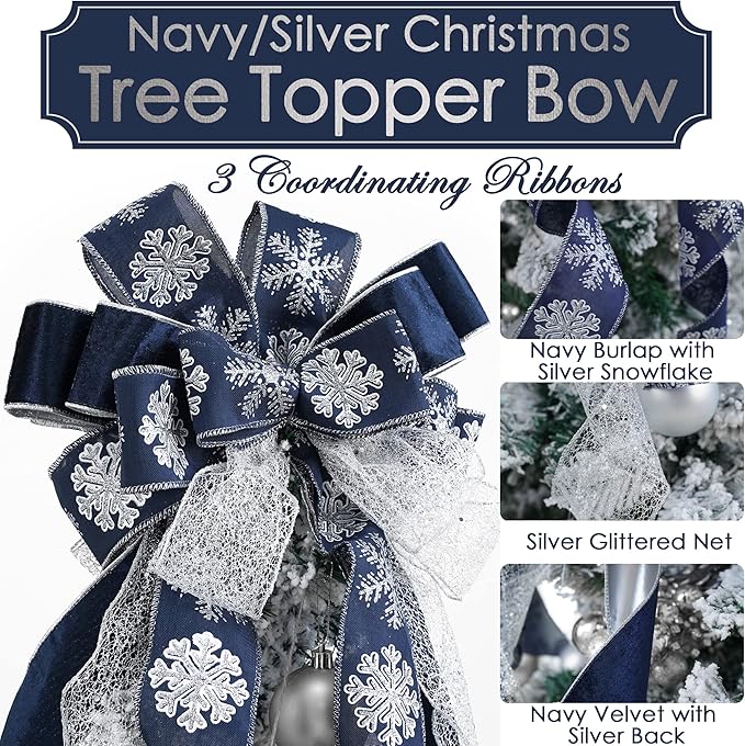 MEEDEE Navy Blue Tree Topper Navy Blue Christmas Tree Topper Bow 12 inch Wide Navy Blue Silver Glitter Yule Tree Wreath Bow Christmas Decorations Silver Snowflake Garland Bow Holiday Lantern (1 Pack)