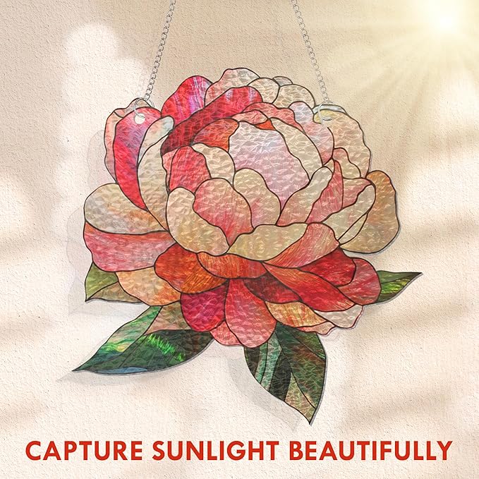 FLAGWIX Christmas Peony Flowers Gifts for Grandma - Stained Glass Window Hanging 10 in - Birthday Gifts for Women Mom, Grandma Gift, Peony Sun Catchers Indoor Window, Suncatchers Christmas Decorations