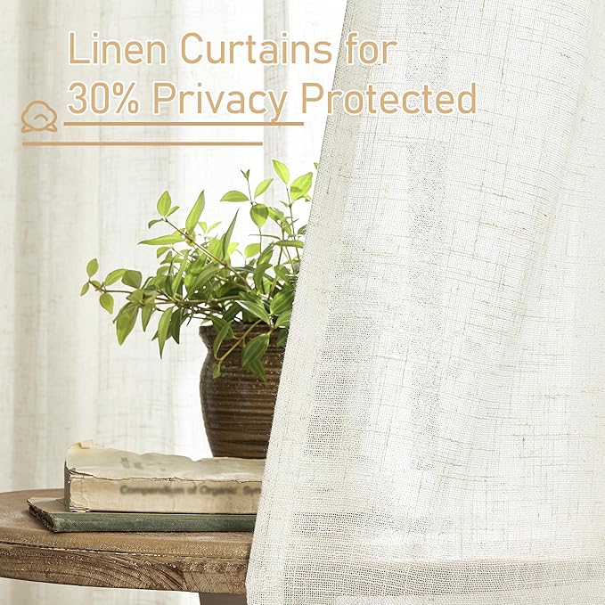 LAMIT Cream Linen Boho Curtains, 80 inch Length, 2 Panels, Light Filtering Semi Sheer, Back Tab and Rod Pocket, Neutral Panels for Bedroom/Living Room, 52 x 80 Inch