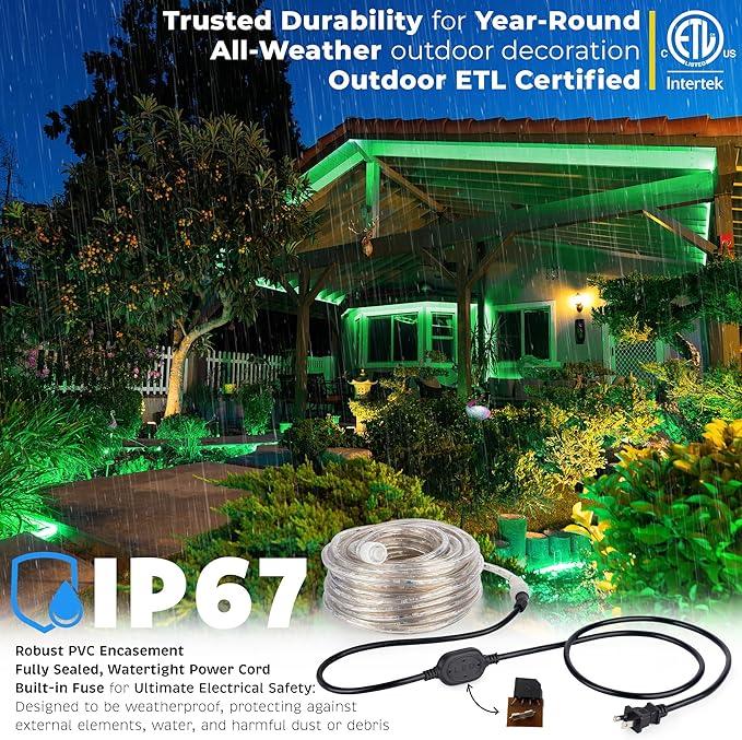 WYZworks 288LEDs, 25ft LED Outside Rope Lights, Waterproof Permanent Outdoor ETL Certified Connectable Clear Tube, Christmas Palm Tree Holiday Decorative Landscape Patio Accent Lighting - Green