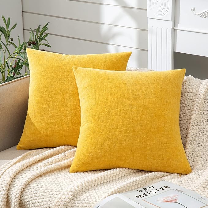 GAWAMAY Decorative Chenille Throw Pillow Covers 24x24 Inch Pack of 2, Soft Square Couch Pillow Cover for Sofa Cushion Living Room Bedroom Solid Dyed Pillowcases Mustard Yellow 60x60cm (ONLY Covers)