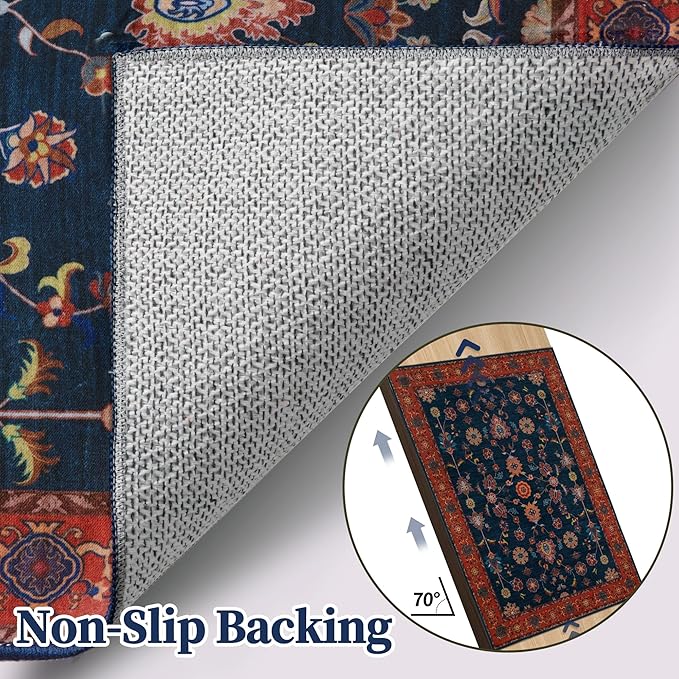 Tangsoo Floral Area Rug 4x6 Machine Washable Red Blue Rug Non-Slip Vintage Distressed Boho Print, Low Pile Carpet for Living Room, Bedroom, Dining Room, Pet & Child Friendly (Red Blue)