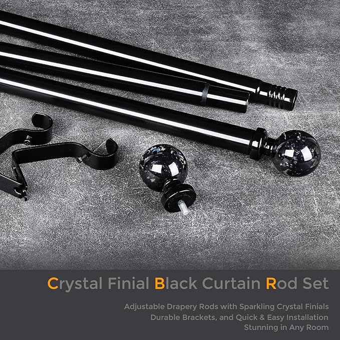 Black Curtain Rods for Windows 48 to 84 Inch, 1'' Heavy Duty Adjustable Drapery Rod with Unique Crystal Ball Finials, Modern Decorative Curtain Rod,Size; 30-88''