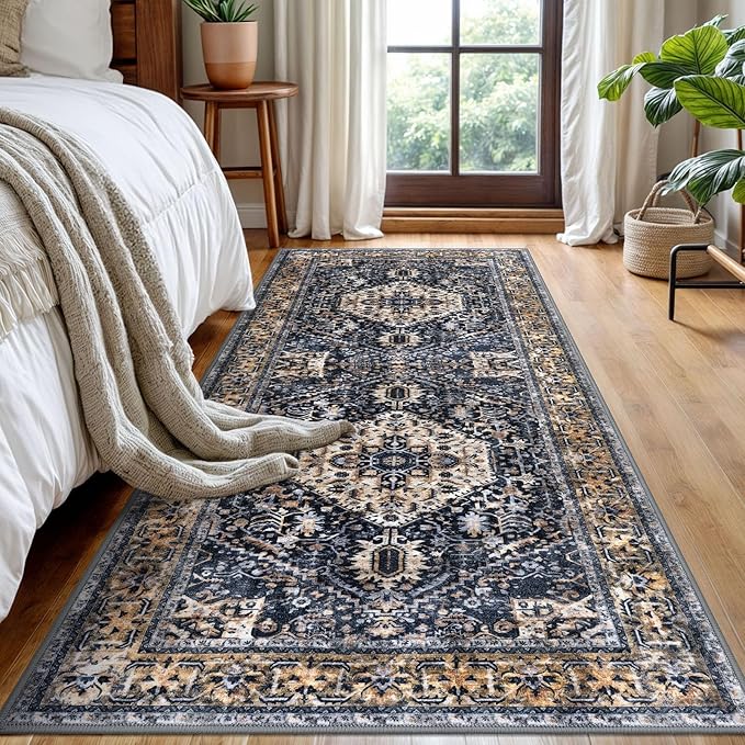 KOZYFLY Runners for Hallways 3x8 Ft Washable Kitchen Runner Rug Boho Runner Rug for Entryway Indoor Gold Navy Printed Oriental Faux Wool Floor Carpet Runner for Bedroom Kitchen Hall