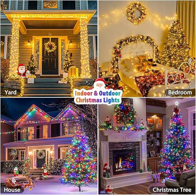 JMEXSUSS 2 Pack 100 LED Color Changing Christmas Lights, Connectable Warm White & Multicolor String Lights Outdoor Waterproof, Clear Wire Christmas Tree Lights Indoor for Xmas Bedroom Proch Decoration