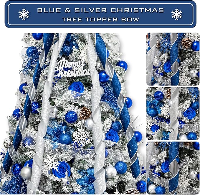 Christmas Tree Topper Bow, 53x13 Inches Large Christmas Bow with Glitter Streamer, Decorative Ribbon Bows for Xmas Tree Wreath Door Festival Home Decor(Blue & Silver)