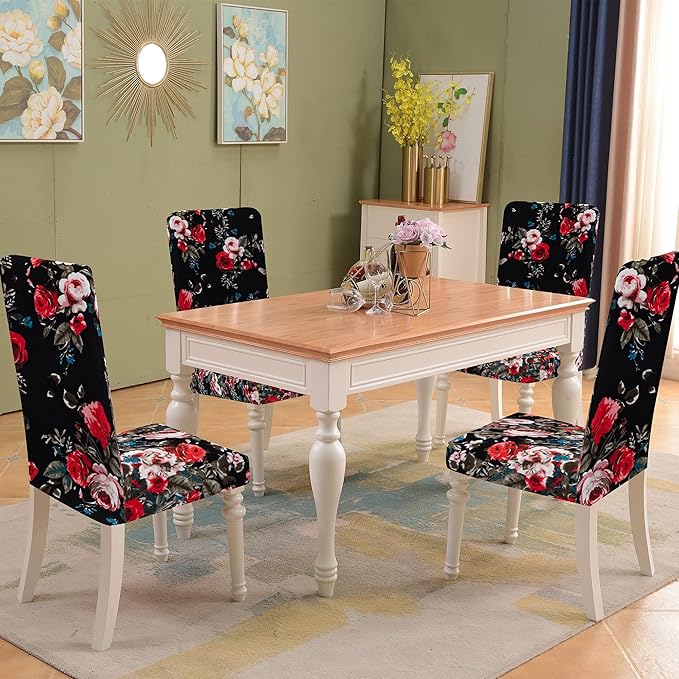 Sufdari Dining Chair Covers,Kitchen Chair Cover,Parsons Chair Slipcover,Spandex Chair Protectors for Dining Room Stretch Chairs Cover Set of 6 -Black Rose