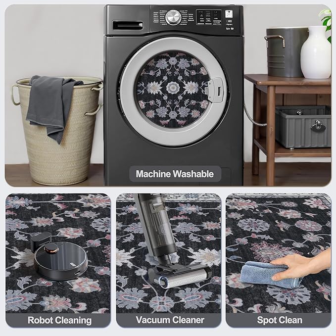Tangsoo Floral Area Rug 6x9 Machine Washable Rug Non-Slip Vintage Distressed Boho Print, Low Pile Carpet for Living Room, Bedroom, Dining Room, Pet & Child Friendly (Black Red)