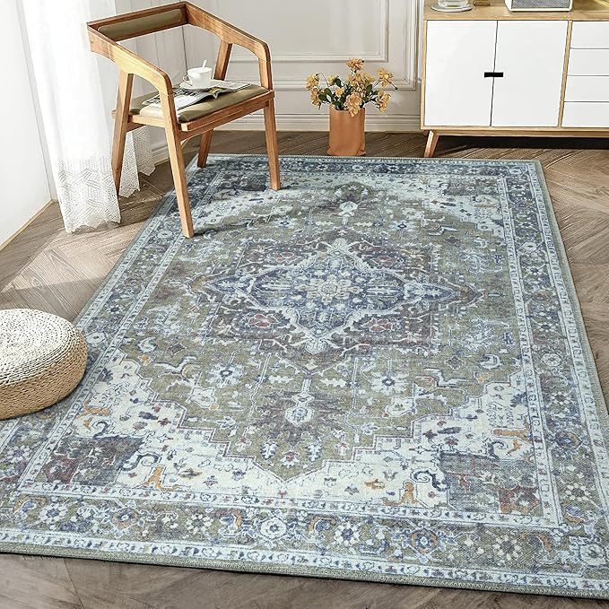 Bloom Rugs Washable Non-Slip 5' x 7' Rug - Green/Blue Traditional Medallion Area Rug for Living Room, Bedroom, Dining Room, and Kitchen - Exact Size: 5' x 7'
