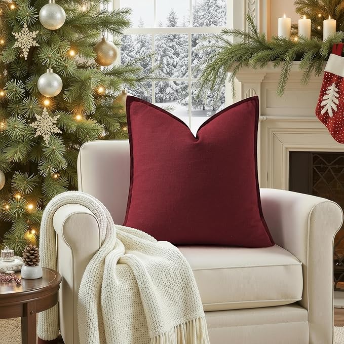 decorUhome Christmas Decorative Linen Throw Pillow Covers 18x18 Inch Set of 2 Burgundy Soft Pillow Covers with Flange Edges Soft Farmhouse Boho Accent Pillow Cases for Couch Sofa Bed Living Room