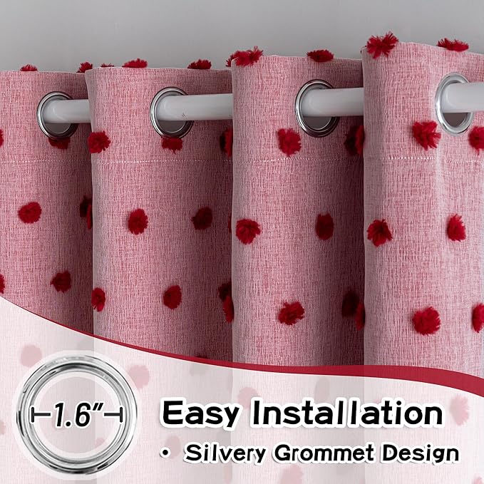MYSKY HOME Red Christmas Blackout Curtains for Living Room 84 Inches Long with Pom Pom Sheer Nursery Curtains Girl Room Darkening Double Layer Window Drapes Grommet, 52 x 84 in, 2 Pieces