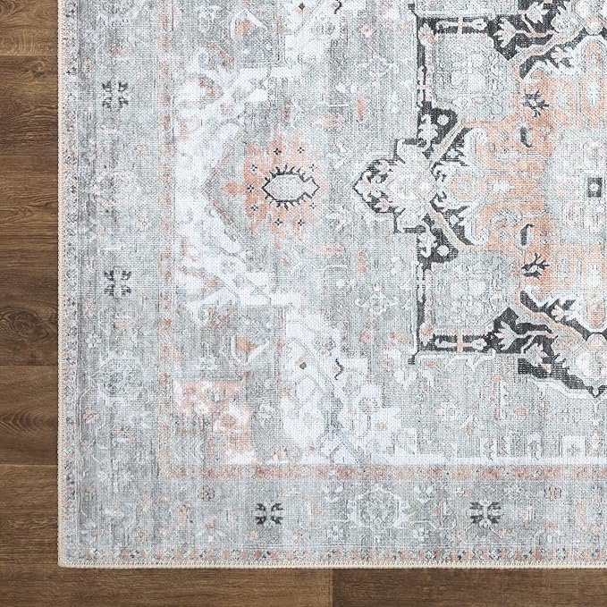 Bloom Rugs Washable Non-Slip 9' x 12' Rug - Gray/Coral Pink Traditional Area Rug for Living Room, Bedroom, Dining Room, and Kitchen - Exact Size: 9' x 12'
