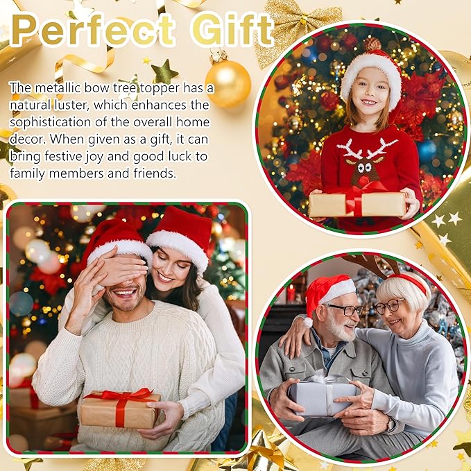 Metal Christmas Bow Tree Topper, Christmas Gold Bow Ornament Decorations for Xmas Tree Topper Garland Wreath Indoor Outdoor Decor, 9.5 x 8.7''