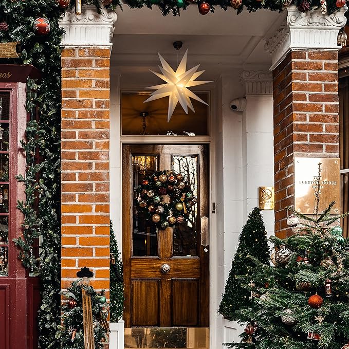FUCHSUN 18" LED Moravian Star Light, Outdoor Hanging Stars Lights 3D Christmas Tree Topper Star for Ceiling Balcony Xmas Party Porch Room Wedding Ballroom Holiday Decoration, Battery Powered & Timer