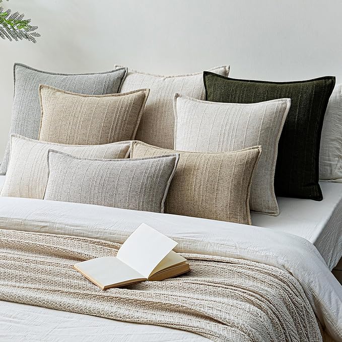 a moment Linen Pillow Covers Set of 2,Boho Farmhouse Throw Pillowcases Neutral Textured Decorative Covers for Couch Sofa, Soft Linen Blend Accent Case Cushion Living Room Home Decor 24"x24"Khaki