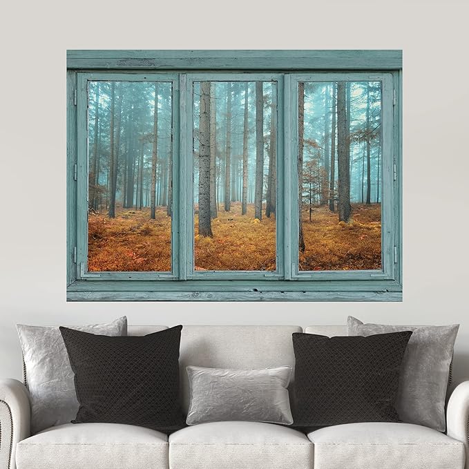 wall26 - Vintage Teal Window Looking Out Into a Blue Foggy Forest During Fall Time - Wall Mural, Removable Sticker, Home Decor - 36x48 inches
